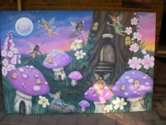 a painting of fairy land with flowers and mushrooms