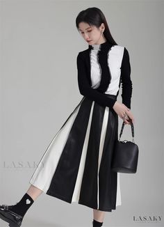 Lasaky - Chic and Elegant High-Waisted Umbrella Skirt with Pleated Leather Paneling Pu Skirt, Umbrella Skirt, Elegant Embroidery, Leather Patchwork, Pleated Midi Skirt, Types Of Skirts, Olivia Mark, Skirt Length, Long Skirt