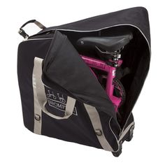 a black duffel bag with pink bike inside