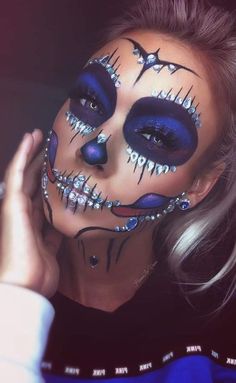 Skeleton Makeup Jewels, Jewel Skeleton Makeup, Jeweled Skeleton Makeup, Beautiful Skull Makeup, Glam Sugar Skull Makeup, Blue Sugar Skull Makeup, Blue Skeleton Makeup, Skull Makeup With Jewels