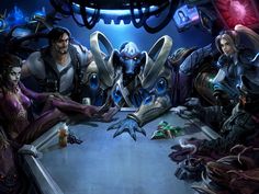 the characters from starcraft are sitting at a table