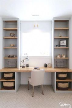 a desk and shelves in a room