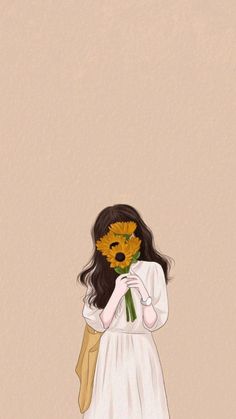 a girl in a white dress holding a bouquet of sunflowers on her face