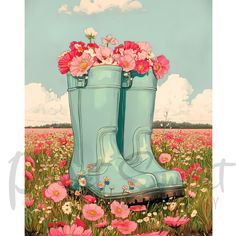 a painting of a pair of blue rain boots with flowers in them on a field