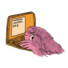 a drawing of an octopus using a laptop computer with the word hey written on it