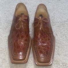 Vintage Brown And Tan Crocodile And Details Over Shoe Lace Up Size 12 M Square Toe Minor Scuffing Overall Great Condition Mezlan Shoes, Shoe Lace, Shoes Color, Vintage Brown, Shoe Laces, Men's Shoes, Dress Shoes, Size 12, Lace Up