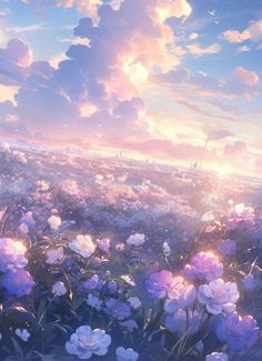 the sun shines brightly over a field full of purple and white flowers, with clouds in the background