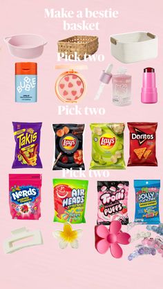 various types of candy and other items on a pink background with the words make a bettie basket pick two pick two