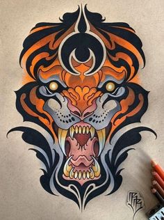 a drawing of a tiger's head with an orange and black design on it