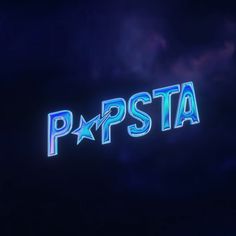 the words psta are lit up against a dark background