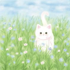 a painting of a cat in the middle of some grass with flowers and blue sky behind it