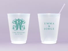 two plastic cups with lids and straws on the top one has a monogrammed design