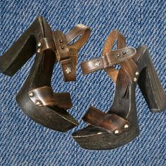 Rare and stunning "Replay" wood heels sandals from the end of the 90's/00s. a real unique and well-made piece of an era. Leather party clogs with a beautiful wooden look and fun decorative ankle closures.  straps are made of genuine leather, curvy heels are made from fine wood and rubber soles Made in Italy.  Size: 36 EU. Heel:  12 cm /4.7"  The sandals are in good used vintage condition, but there are some signs of wear and age, It looks like they had some fun :) but there is still such chic we Vintage Open Toe Mules With Wooden Heel, Vintage Clogs With Stacked Heel, Open Toe, Vintage Open Toe Clogs With Stacked Heel, Wooden Round Toe Heels With Stacked Heel, Open Toe Wooden Clogs With Wooden Heel, Closed Toe Heels With Wooden Heel, Wooden Heels With Stacked Heel And Round Toe, Wooden Stacked Heel Round Toe Heels, Wood Stacked Heel Round Toe Heels