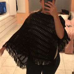 Black Poncho With Fringe - Nwt, Never Worn! Bohemian Black Poncho For Fall, Black Shawl Poncho One Size, Black Oversized Chic Poncho, Oversized Black Chic Poncho, Black Bohemian Poncho One Size, Casual Black Poncho For Winter, Chic One Size Black Poncho, Casual Black Winter Poncho, Chic Black One-size Poncho