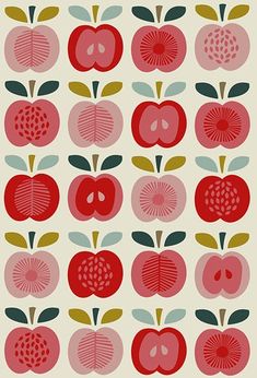 an illustration of apples with leaves and flowers on them in red, green, yellow and pink