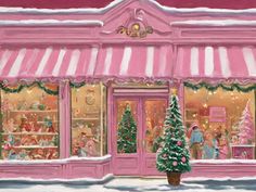 a painting of a pink store front with christmas decorations on the windows and trees outside