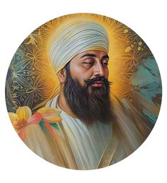 a painting of a man wearing a turban and holding a flower in his right hand