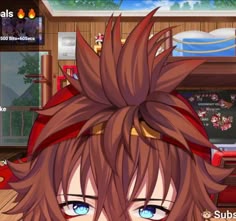 an anime character with blue eyes and brown hair in a room filled with furniture, bookshelves and other items