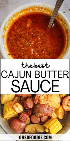 Text reads The Best Cajun Butter Sauce Cajun Broil Recipe, Baked Crab Boil, Cajun Seafood Sauce, Recipes For Seafood Boil, Seafood Boil Shrimp, Boil Seasoning Recipe, Cajun Broil, Sauce For Shrimp Boil, Chicken Seafood Boil