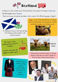 an info sheet with pictures of scottish people and animals in it, including the flag