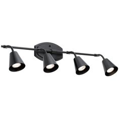 three light black track lighting fixture with four lights on each side and an adjustable arm