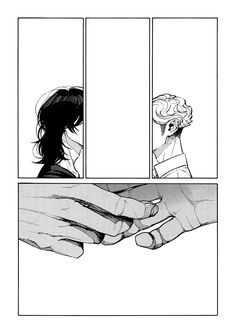 a comic strip with two people holding hands and one person looking at the other hand