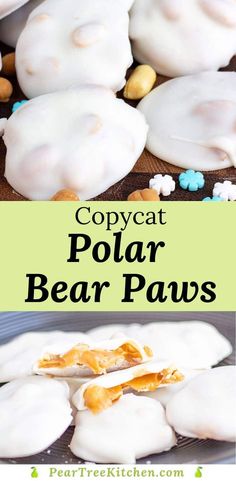 some food that is sitting on top of a plate and in front of the words copycat polar bear paws