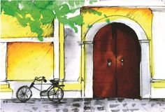 a drawing of a bike parked in front of a building with a red door and window