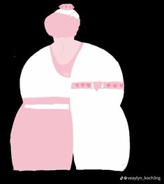 an illustration of a woman in pink and white with hearts on her belt, standing against a black background