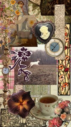 a collage with pictures, flowers and a cup of tea