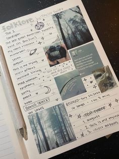 an open notebook with writing and pictures on the pages next to a pen that is laying on top of it