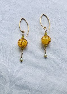 Amber Venetian Glass and Swarovski Crystals Earrings-SugarJewlz Handmade Jewelry Orange Czech Glass Jewelry With Ear Wire, Elegant Glass Beaded Drop Earrings, Gold Czech Glass Beaded Earrings, Gold Beaded Glass Earrings, Elegant Beaded Drop Earrings With French Hook, Czech Glass Dangle Earrings With French Hook, Czech Glass Beaded Earrings With Ear Wire, Czech Glass Round Beaded Earrings With Ear Wire, Gold Czech Glass Beaded Dangle Earrings