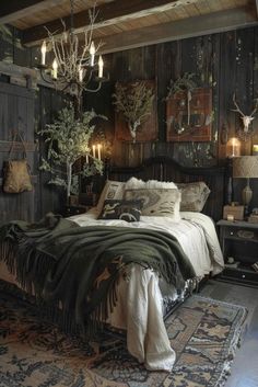 a bedroom with wood paneled walls and an old fashioned bed in the center, surrounded by antique rugs