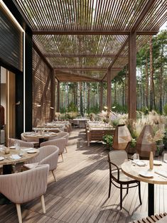 an outdoor dining area with tables and chairs on wooden flooring, surrounded by greenery