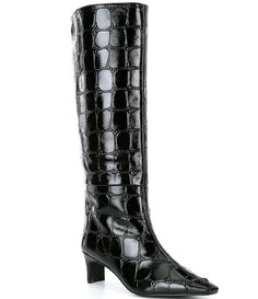 From Kurt Geiger London&#x2C; the Regent Crocodile Embossed Leather Tall Boots feature:Crocodile print leather upperSnip toe with drench eagle detailZip closureSynthetic liningApprox. 15.4" shaft heightApprox. 2.2" heel heightImported. Thigh High Boots Outfits, Leather Tall Boots, Leather Over The Knee Boots, High Boots Outfit, High Leather Boots, Tall Leather Boots, Platform Ankle Boots, All Black Outfit, Kurt Geiger