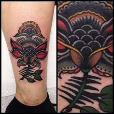 two different tattoos on the legs and one with an image of a flower in it