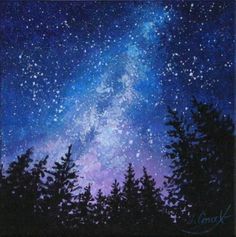 the night sky with stars and trees painted on canvases, as well as acrylic paint