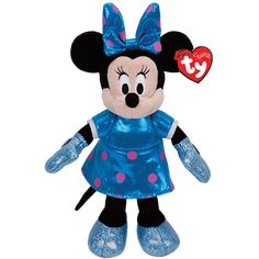 a minnie mouse stuffed animal with a heart on it's head and blue dress