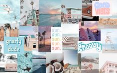 a collage of photos with the words sunny side and surfboards in different colors