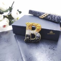 Custom design Letter B Jewelry,  initial B brooch pin, Name jewelry gift, custom birthday gift, Crystal Letter pin You can order a brooch in 6 colors  - blue, red, green, black, clear, ombre (black silver gold colors) You can order an individual design of your letters. ------------------------------------------------------ This brooch is made of high quality materials: glass crystals, crystal beads, czech seed beads Presioca, japanese beads Miyuki, italian sequins, nylon thread, sturdy brooch pi Personalized Gold Brooches As Gifts, Holiday Family Gifts, Initial B, Custom Birthday Gifts, Name Jewelry, Letter B, Custom Birthday, Lettering Design, Halloween Gifts