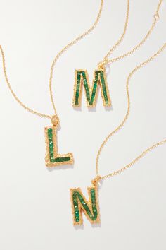 Green Alphabet gold-plated emerald necklace | PACHAREE | NET-A-PORTER Forms And Shapes, Jewelry Mood Board, Letter Necklace Initials, Alphabet Jewelry, Alphabet Necklace, Letter Jewelry, Jewelry Appraisal, Single Letter, Jewelry Accessories Ideas