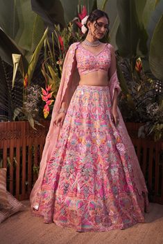 Aneesh Agarwaal-Peach Multicolor Tropical Lehenga Set-INDIASPOPUP.COM Aneesh Agarwaal, Peach Mirror, Orang India, Outfits Indian, Indian Outfits Lehenga, Organza Lehenga, Lehenga Designs Simple, Gaun Fashion, Traditional Indian Dress