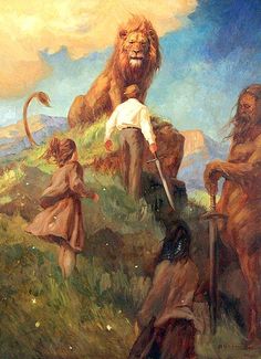 a painting of some people and a lion