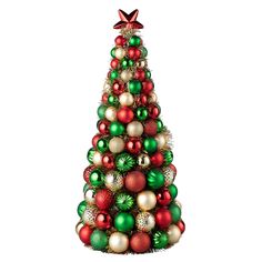 a christmas tree with ornaments on it and a red bow hanging from the top, in front of a white background