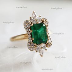 Solid 14K Yellow Gold Emerald Engagement Ring Pave Diamond Emerald Women's Ring// Mother's Day Gift Ring//Emerald Wedding Certified Jewelry >> About this product:- * SKU Code: JD-0055 * Handmade/ Handcrafted Fine Jewelry * Metal: 14K Solid Yellow Gold (with Stamped) * Metal Purity: 14K * Custom Metal Purity: 14K/ 18K * Diamond Weight: 1 Ct. * Emerald Weight: 2 Ct. * Diamond Color: G-H * Diamond Clarity: S2-SI1 * Diamonds Cut: Brilliant Cut (Excellent Cut) >> Sizing & Measurements:- * Ring Size:- Luxury Classic Teardrop Emerald Ring, Vejle, Emerald Diamond Ring, Emerald Engagement, Green Diamond, Emerald Engagement Ring, Art Deco Ring, Emerald Diamond, Gold Engagement Rings