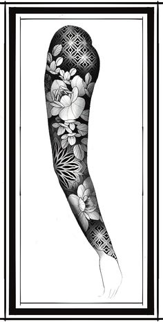 a black and white drawing of a leg with flowers on it