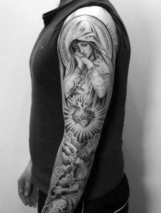 Religious Tattoo Sleeves, Angel Sleeve Tattoo, Sacred Heart Tattoos, Religious Tattoo, Religious Tattoos, Geniale Tattoos