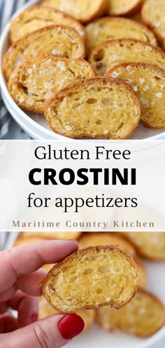 gluten - free crostini for appetizers with text overlay