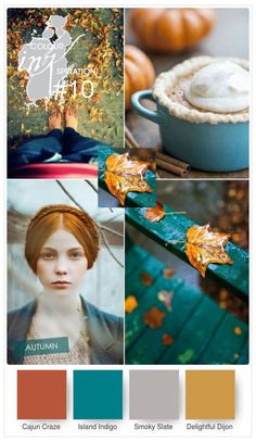 the color scheme for autumn is orange, teal, and blue with an image of a woman's face