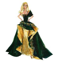 a drawing of a woman in a green and gold dress with her hands on her hips